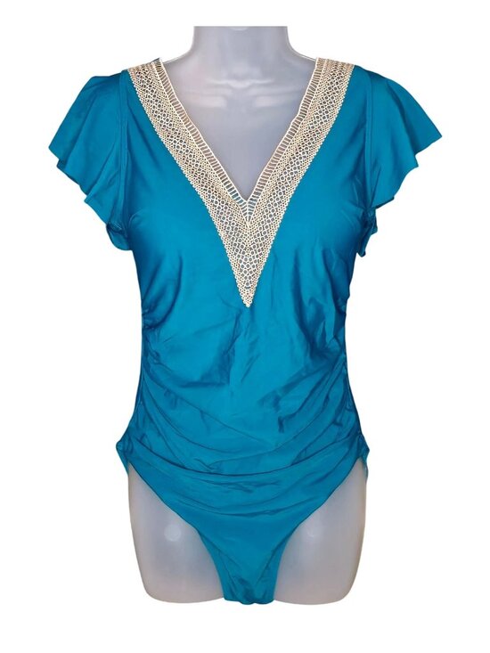 Blooming Jelly Other - Teal Crochet Trim One Piece Swimsuit L Ruffle V Neck Tummy Control
